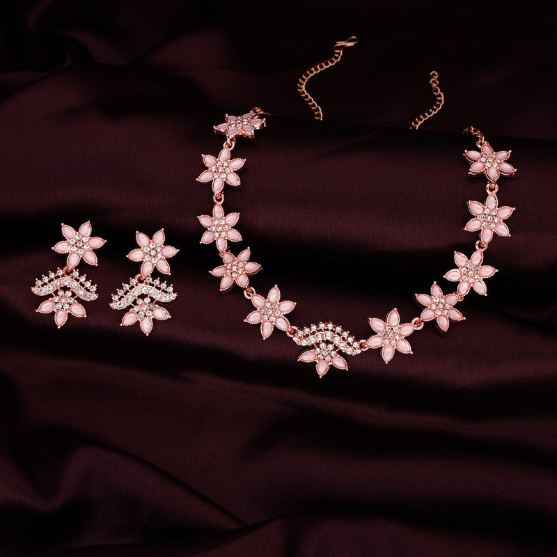 Tehzeeb Creations Baby Pink Colour Star Design Stone Studded Necklace With Earrings | Grocsy