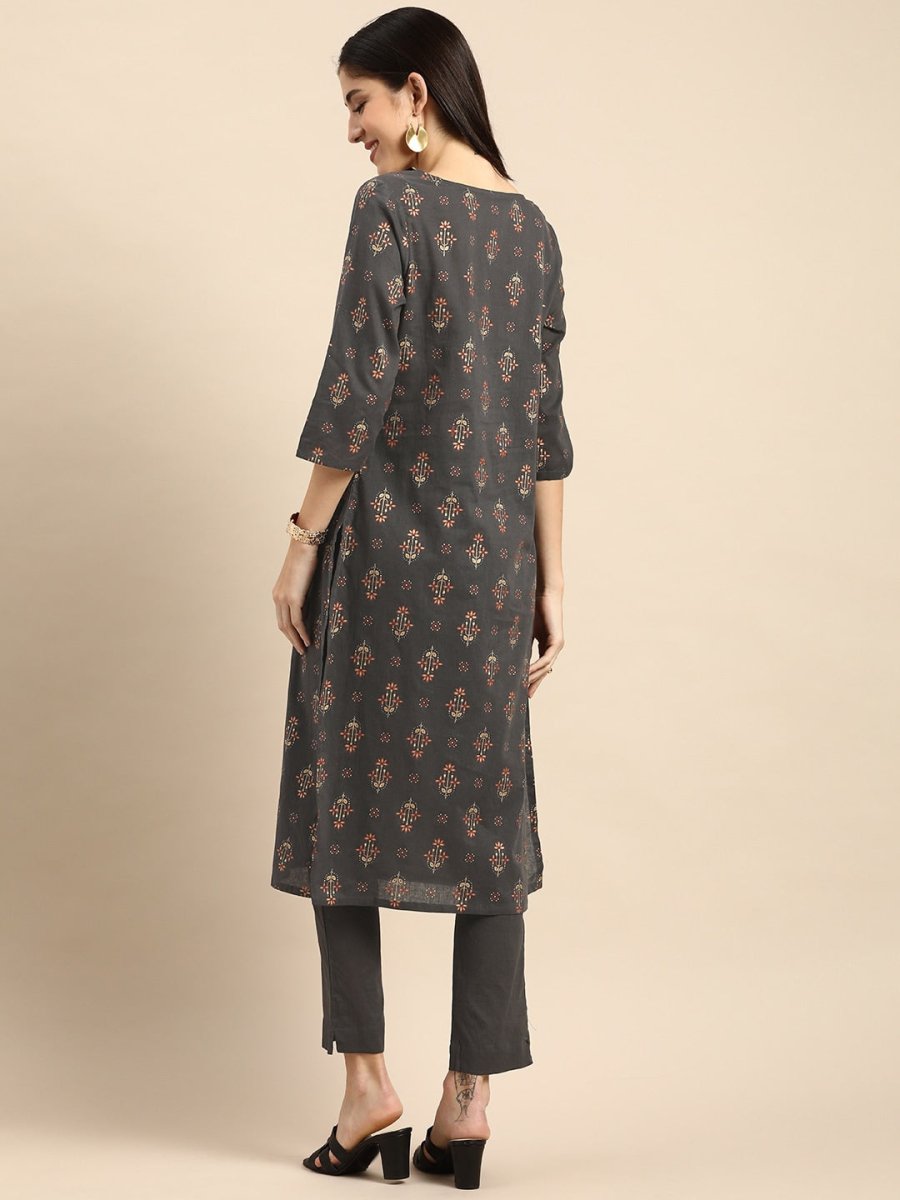 All About You Women Grey Ethnic Motifs Printed Pure Cotton Kurta with Trousers | Grocsy