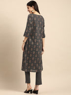 All About You Women Grey Ethnic Motifs Printed Pure Cotton Kurta with Trousers | Grocsy