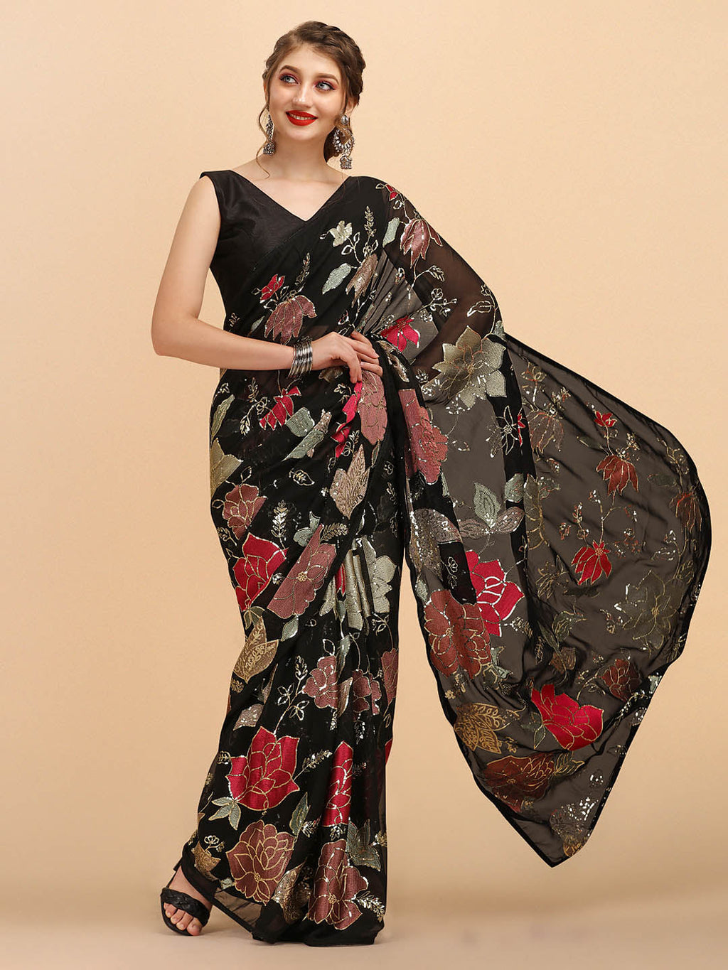 Sangria Black & Red Floral Sequinned Pure Georgette Saree | Grocsy
