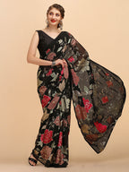 Sangria Black & Red Floral Sequinned Pure Georgette Saree | Grocsy