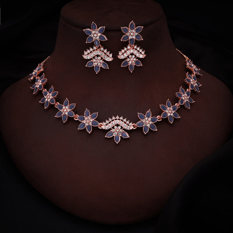 Tehzeeb Creations Blue Colour Star Design Stone Studded Necklace With Earrings | Grocsy