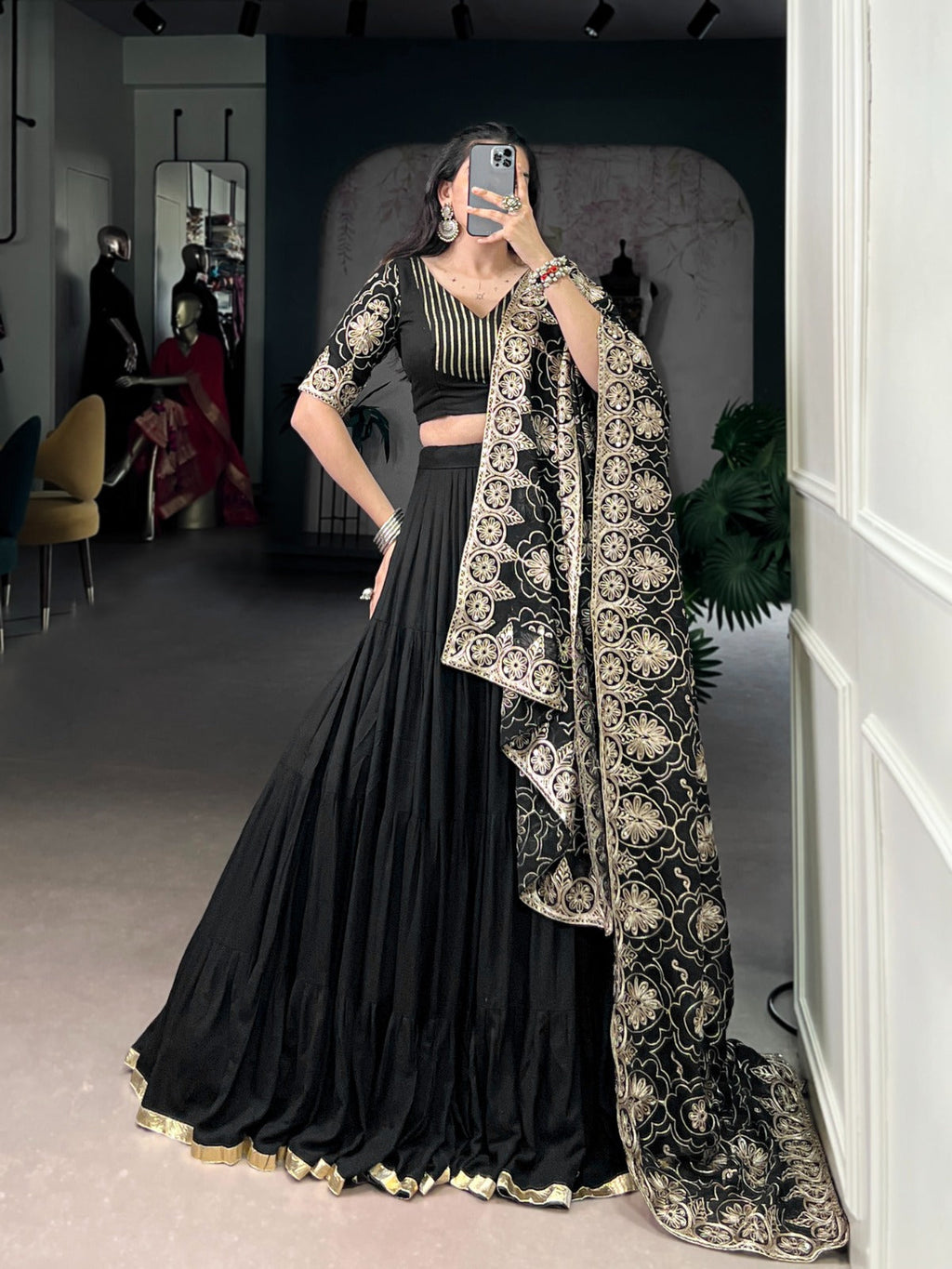 Lorenvalley Fashion Black Pure Rayon Embossed Design Lace Border Lehenga Choli with Dupatta | Grocsy