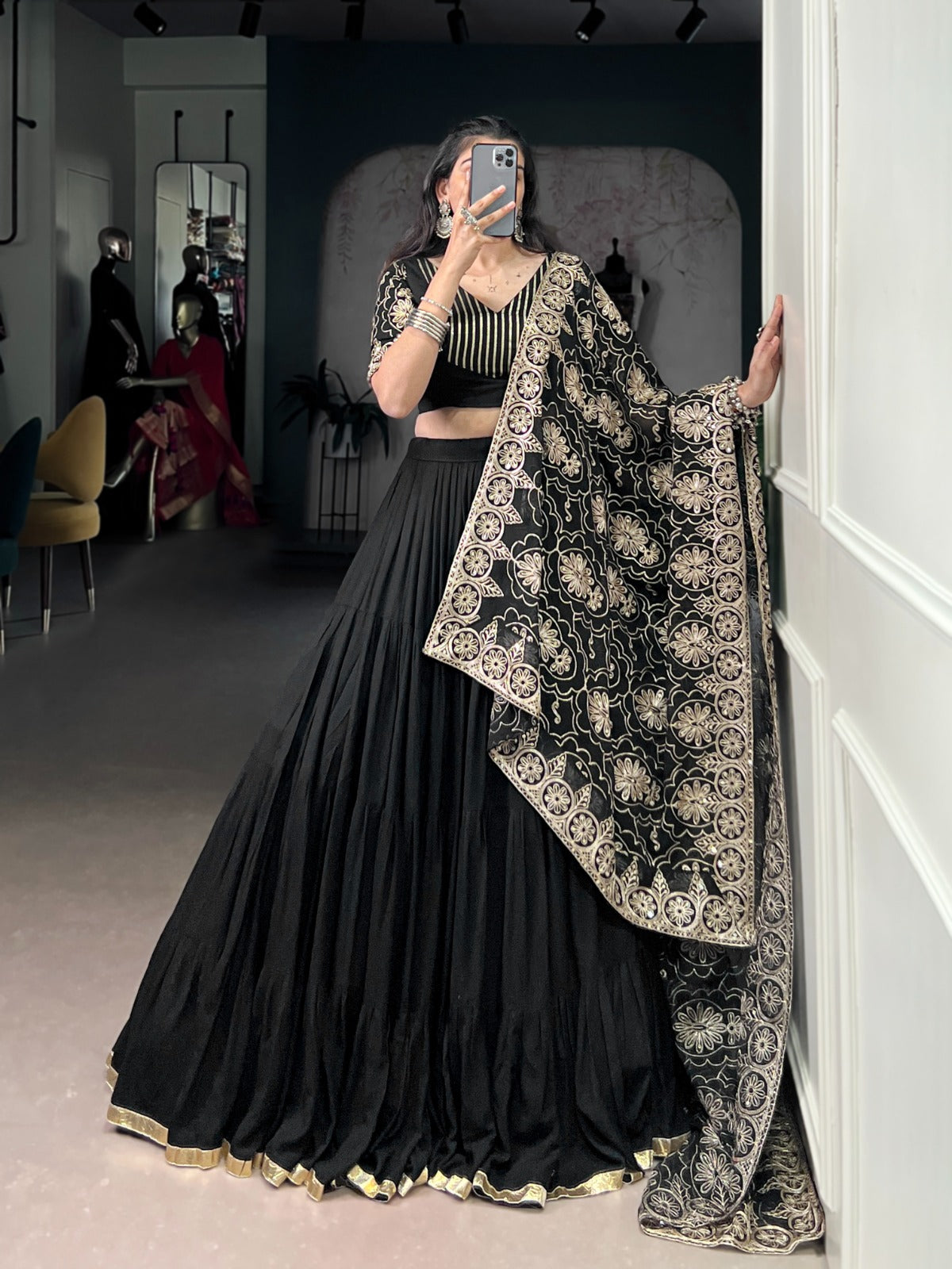 Lorenvalley Fashion Black Pure Rayon Embossed Design Lace Border Lehenga Choli with Dupatta | Grocsy