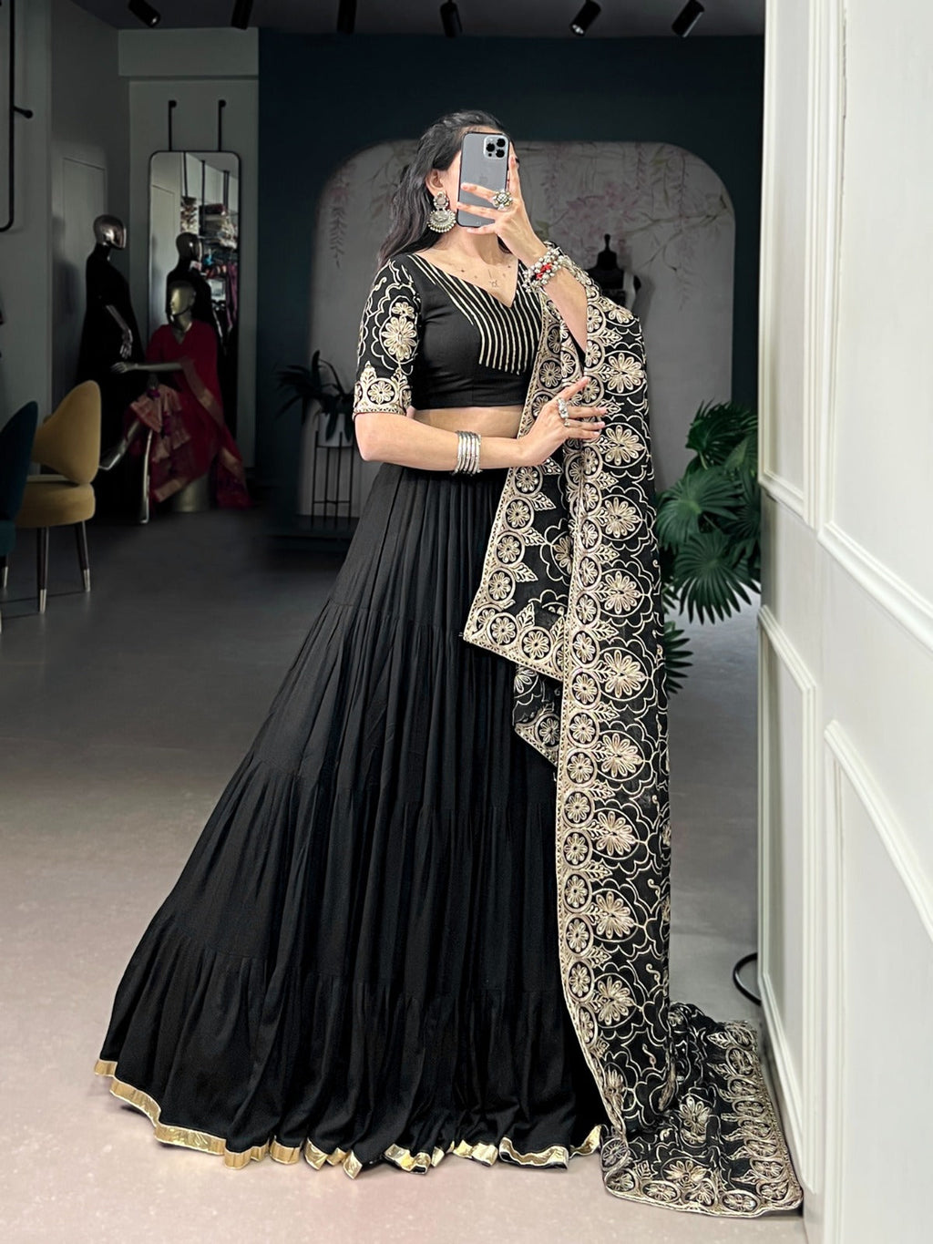 Lorenvalley Fashion Black Pure Rayon Embossed Design Lace Border Lehenga Choli with Dupatta | Grocsy