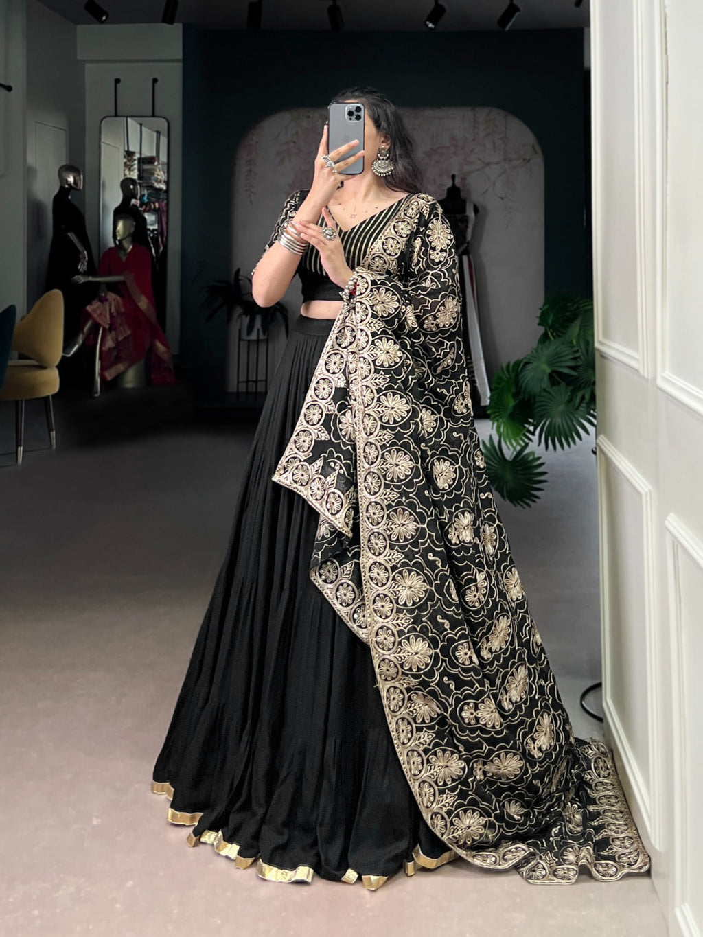 Lorenvalley Fashion Black Pure Rayon Embossed Design Lace Border Lehenga Choli with Dupatta | Grocsy
