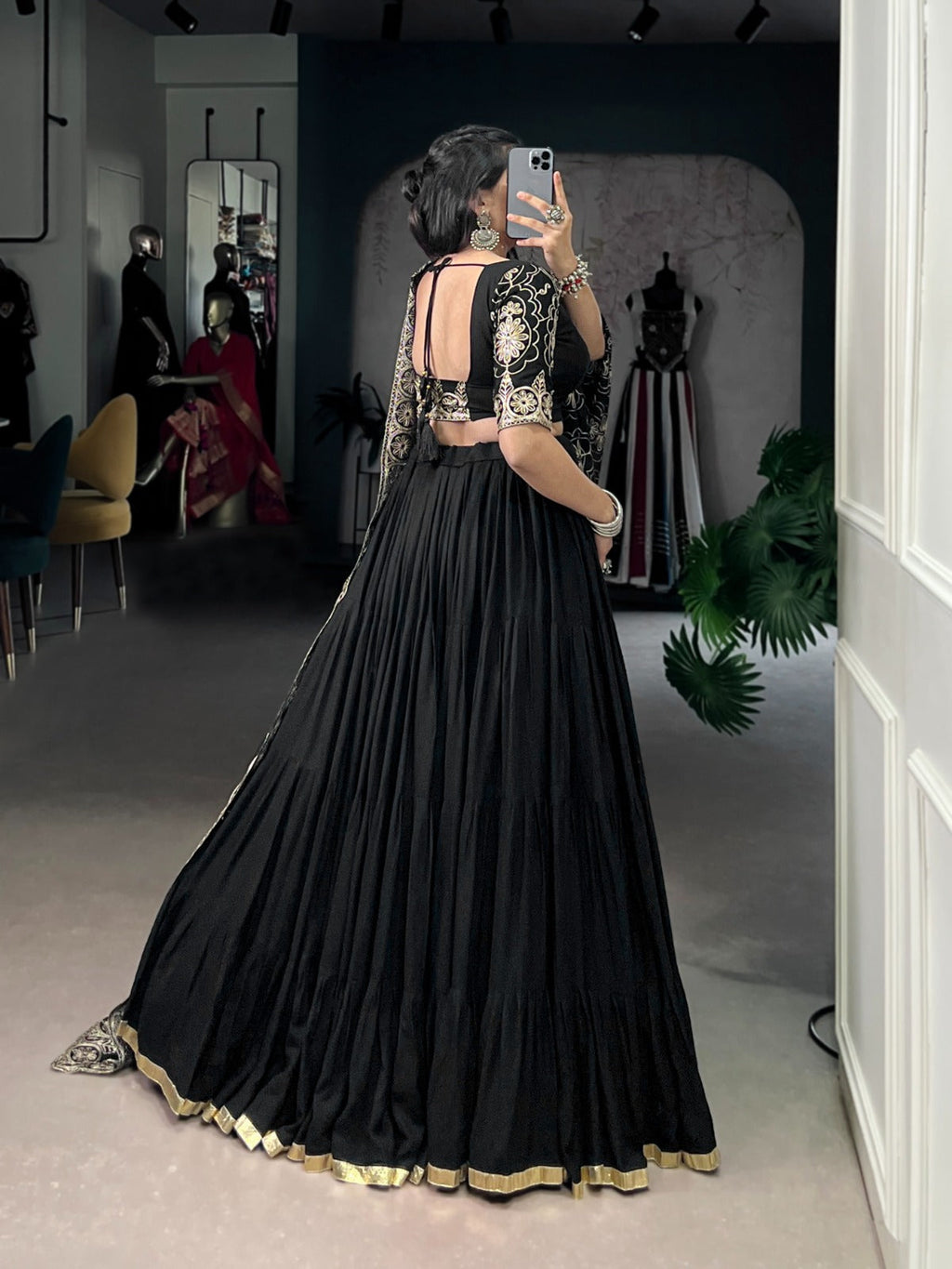 Lorenvalley Fashion Black Pure Rayon Embossed Design Lace Border Lehenga Choli with Dupatta | Grocsy