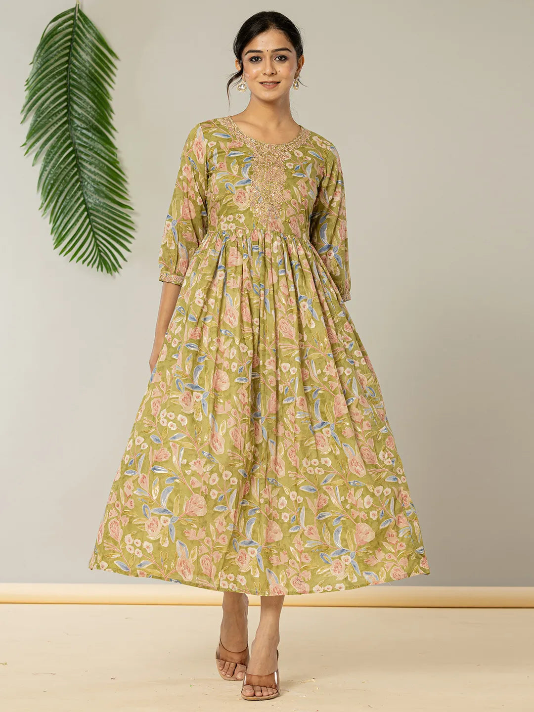 Yufta Green Pure Cotton Dori Embroidery Dress | Grocsy