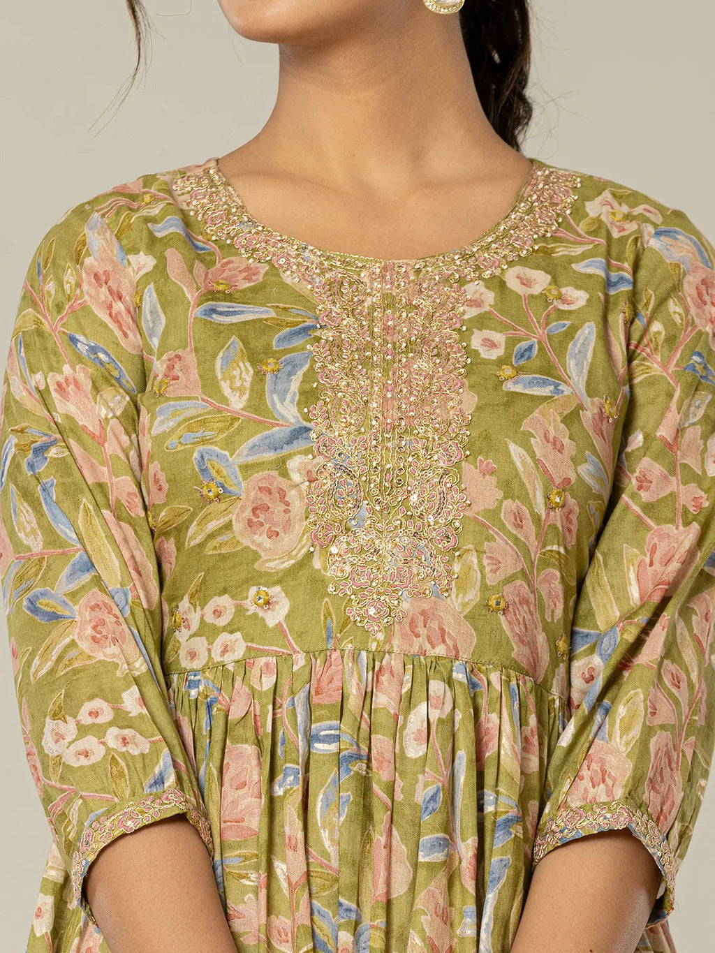 Yufta Green Pure Cotton Dori Embroidery Dress | Grocsy