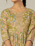 Yufta Green Pure Cotton Dori Embroidery Dress | Grocsy