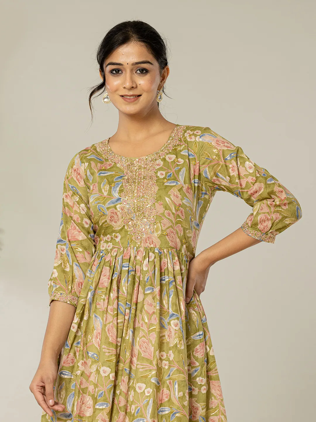 Yufta Green Pure Cotton Dori Embroidery Dress | Grocsy