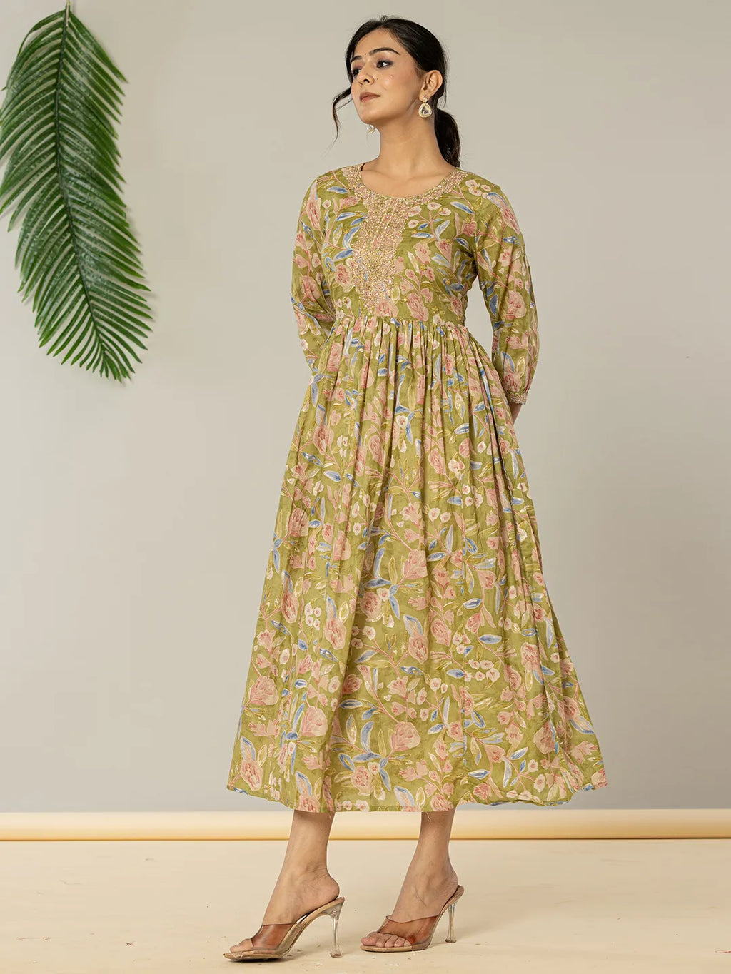 Yufta Green Pure Cotton Dori Embroidery Dress | Grocsy