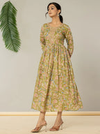 Yufta Green Pure Cotton Dori Embroidery Dress | Grocsy