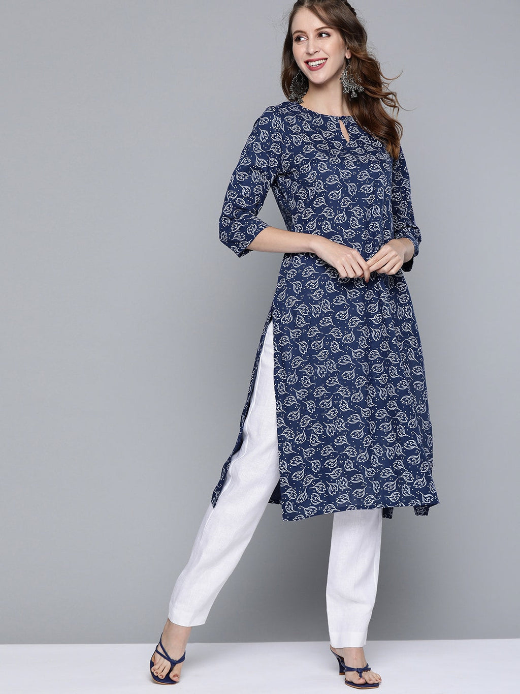 HERE&NOW Women Navy Blue & White Ethnic Motifs Printed Keyhole Neck Kurta | Grocsy