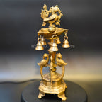 Brass Peacock Diya with Five Oil Wicks and Bells | Grocsy