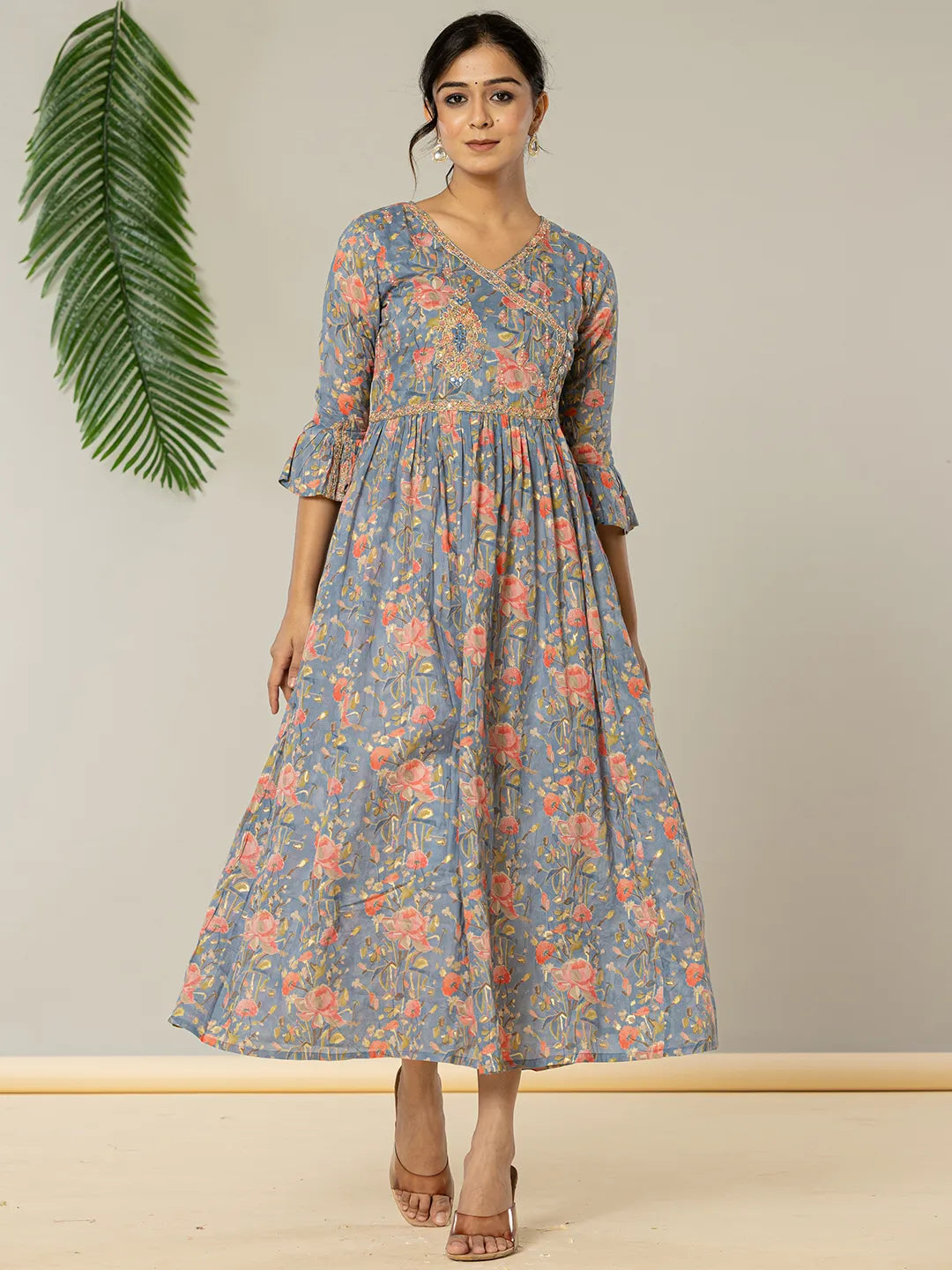 Yufta Blue Pure Cotton Beads And Stones Gathers Angrakha Dress | Grocsy