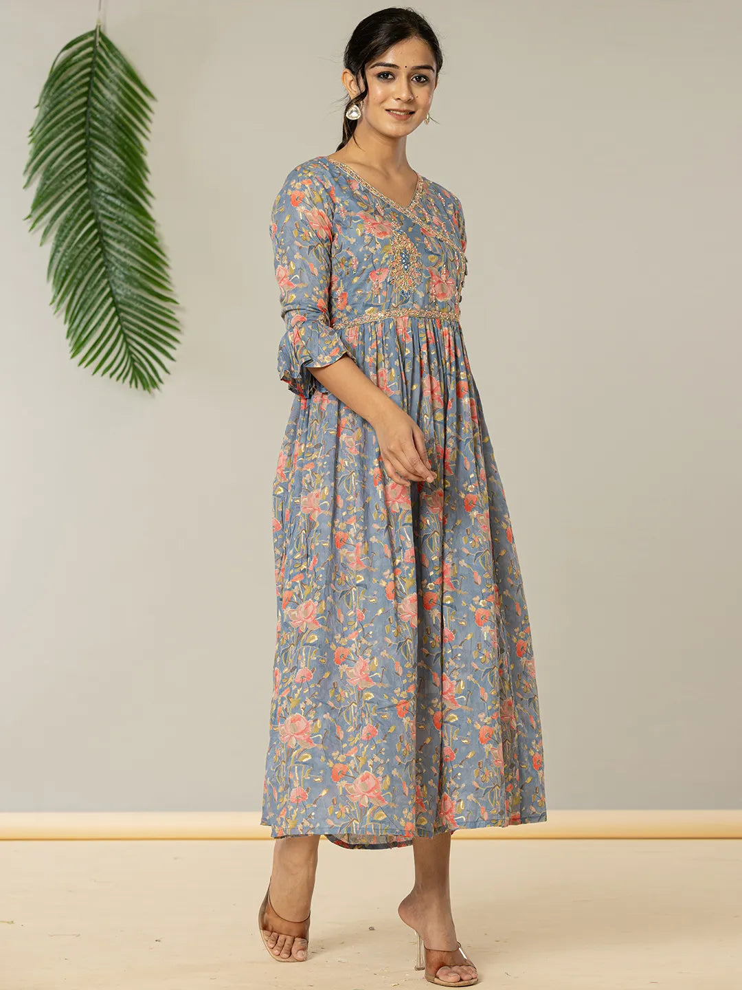 Yufta Blue Pure Cotton Beads And Stones Gathers Angrakha Dress | Grocsy