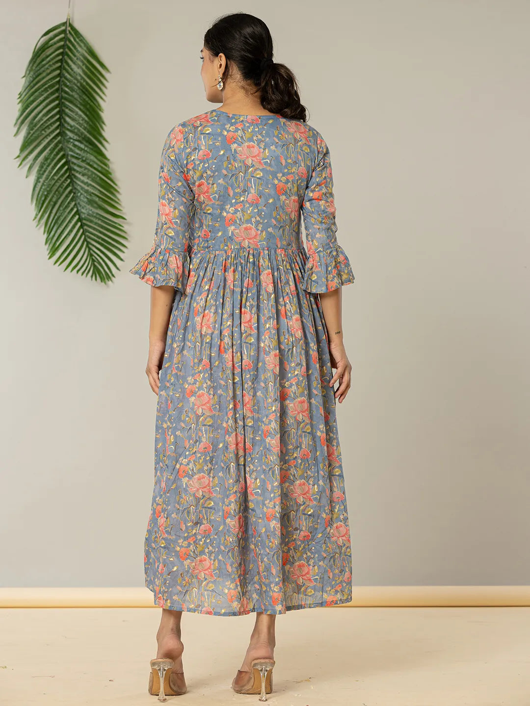 Yufta Blue Pure Cotton Beads And Stones Gathers Angrakha Dress | Grocsy