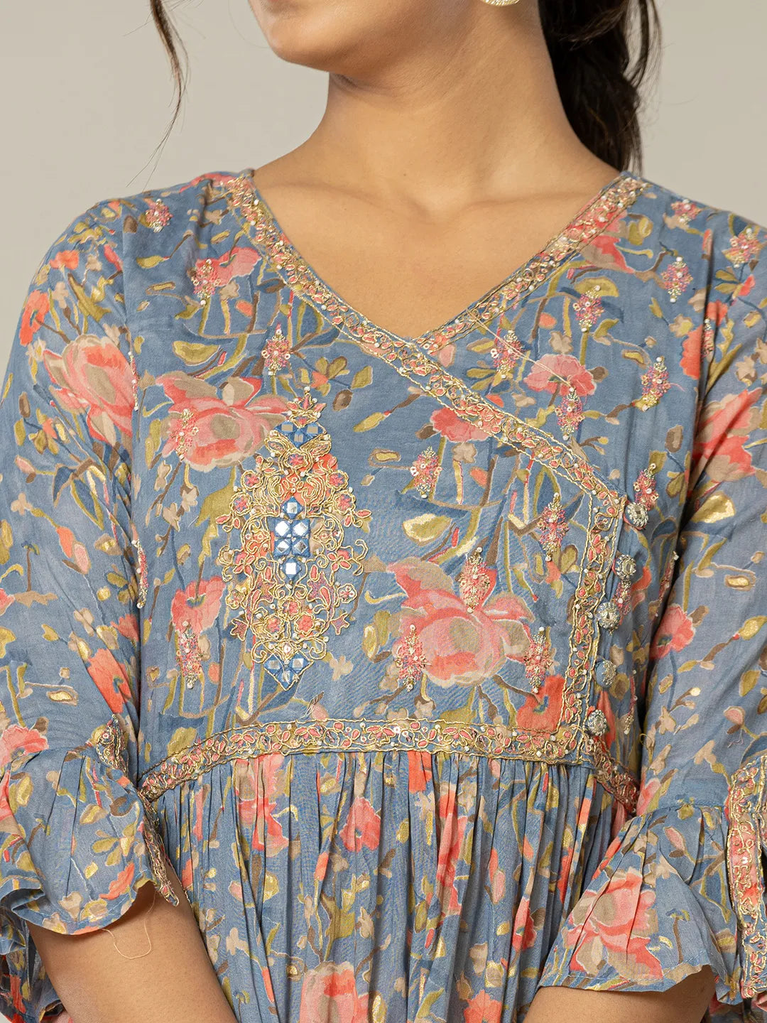 Yufta Blue Pure Cotton Beads And Stones Gathers Angrakha Dress | Grocsy
