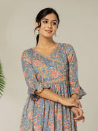 Yufta Blue Pure Cotton Beads And Stones Gathers Angrakha Dress | Grocsy