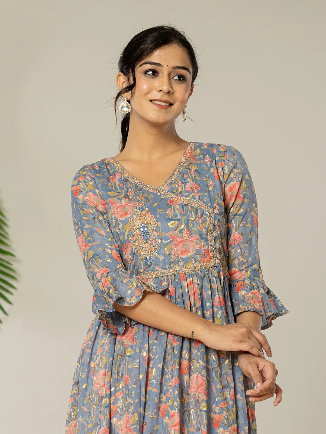 Yufta Blue Pure Cotton Beads And Stones Gathers Angrakha Dress | Grocsy