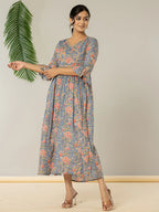 Yufta Blue Pure Cotton Beads And Stones Gathers Angrakha Dress | Grocsy