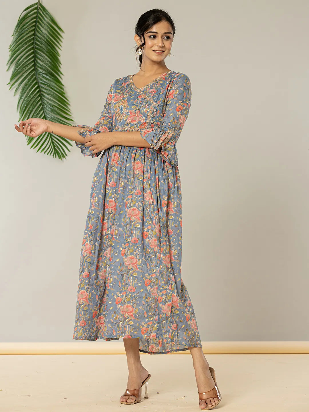 Yufta Blue Pure Cotton Beads And Stones Gathers Angrakha Dress | Grocsy