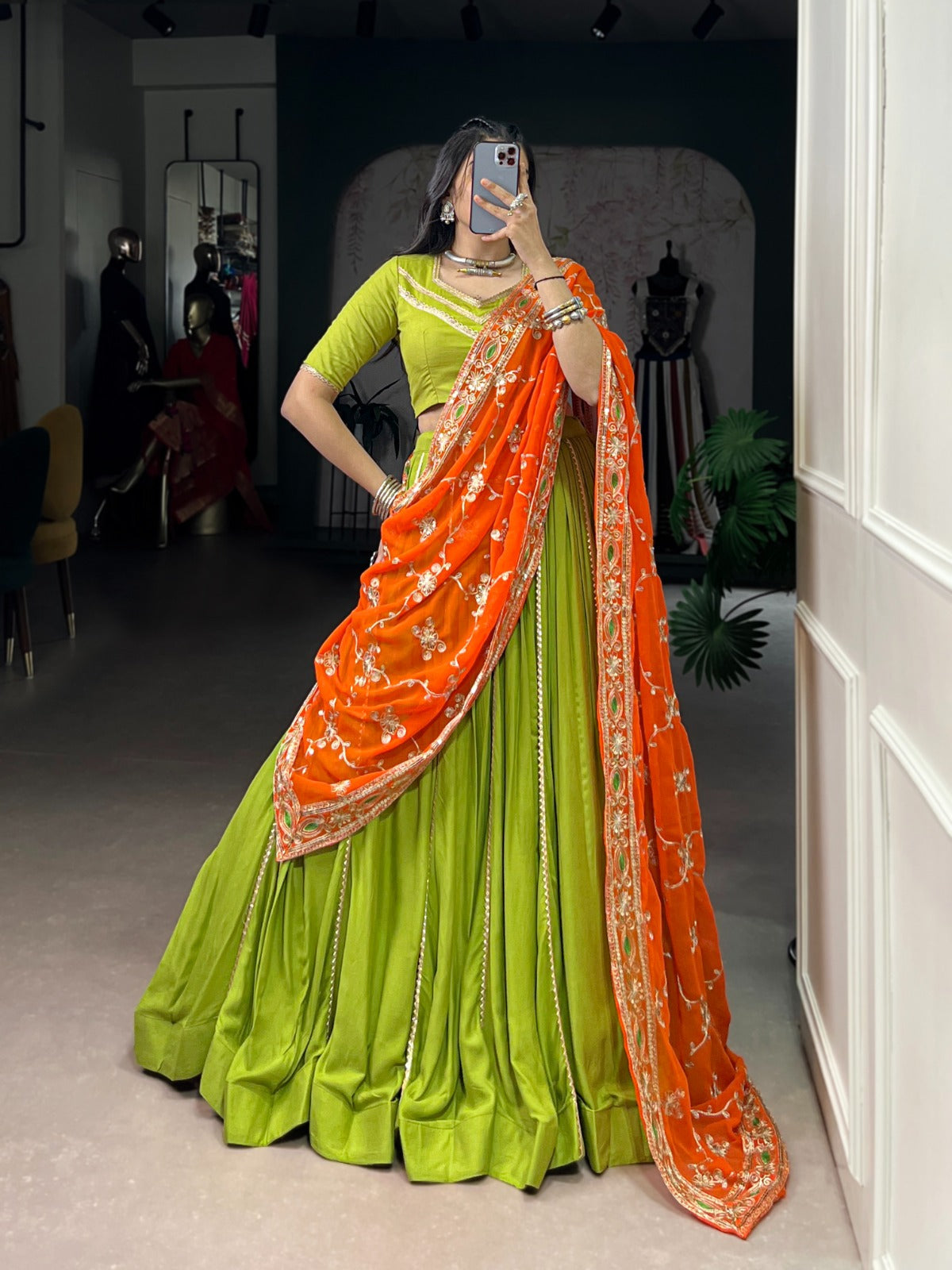 Lorenvalley Fashion Parotgreen Pure Rayon Lace Touch Up Lehenga Choli with Dupatta | Grocsy