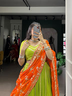 Lorenvalley Fashion Parotgreen Pure Rayon Lace Touch Up Lehenga Choli with Dupatta | Grocsy