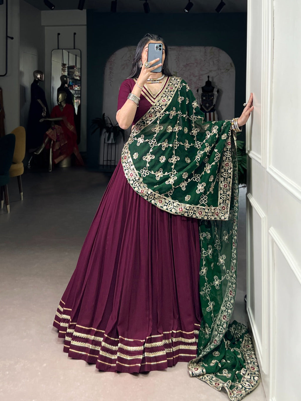 Lorenvalley Fashion Wine Pure Rayon Lace Touch Up Lehenga Choli with Dupatta | Grocsy