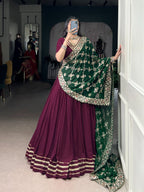 Lorenvalley Fashion Wine Pure Rayon Lace Touch Up Lehenga Choli with Dupatta | Grocsy