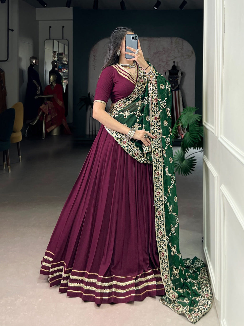 Lorenvalley Fashion Wine Pure Rayon Lace Touch Up Lehenga Choli with Dupatta | Grocsy