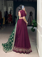 Lorenvalley Fashion Wine Pure Rayon Lace Touch Up Lehenga Choli with Dupatta | Grocsy