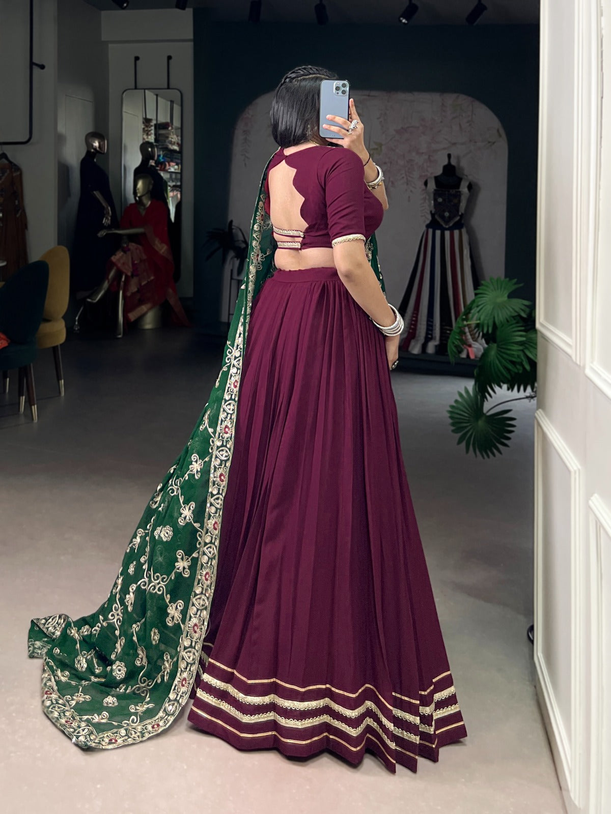Lorenvalley Fashion Wine Pure Rayon Lace Touch Up Lehenga Choli with Dupatta | Grocsy