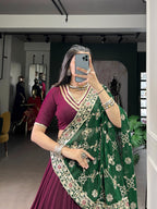 Lorenvalley Fashion Wine Pure Rayon Lace Touch Up Lehenga Choli with Dupatta | Grocsy