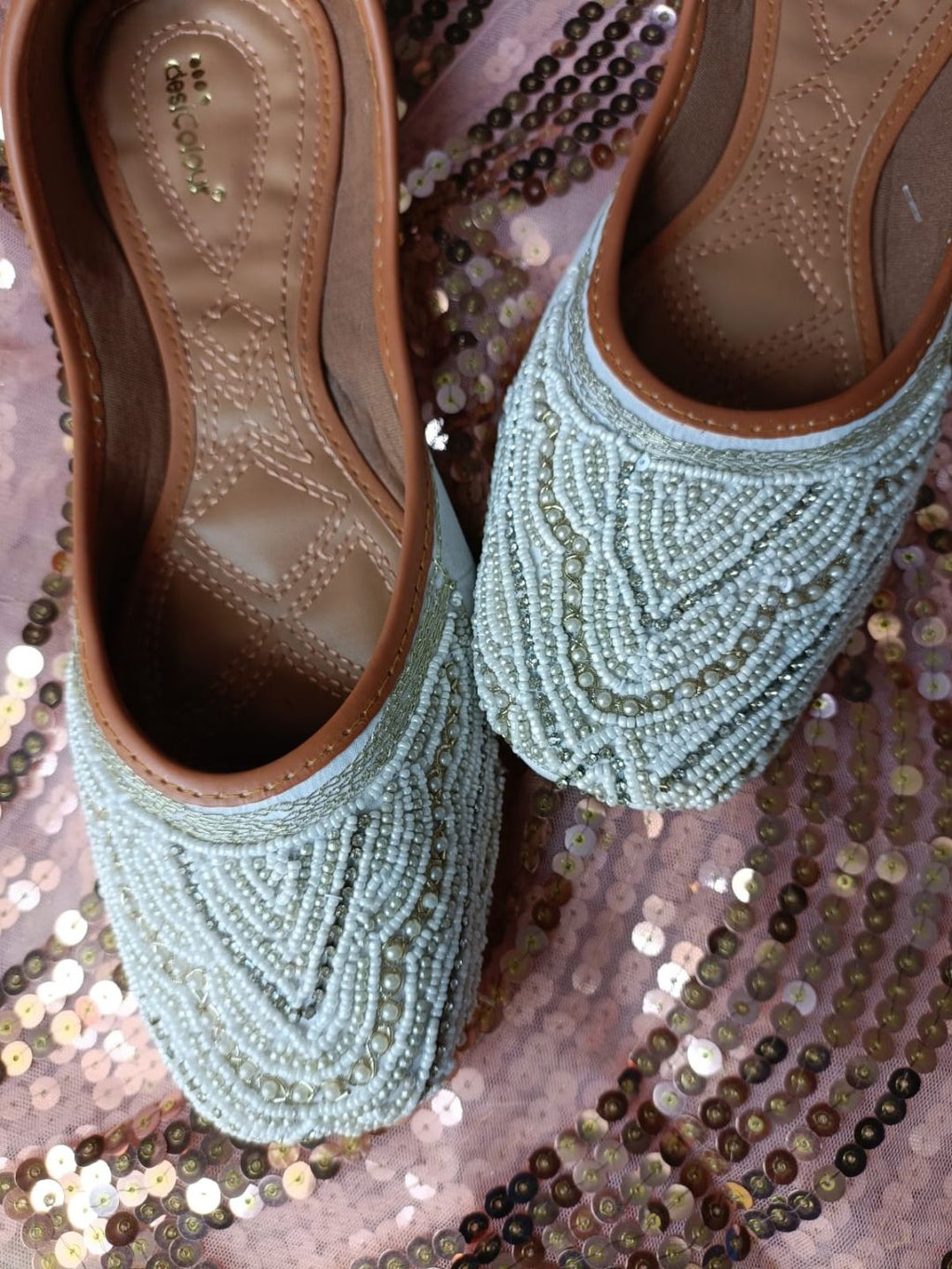 Desi Colour Women Indian Ethnic Footwear-White Silver Pearl | Grocsy