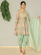 Yufta Green Cotton Embroidery A-Line Kurta Dupatta Set | Grocsy