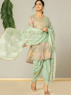 Yufta Green Cotton Embroidery A-Line Kurta Dupatta Set | Grocsy