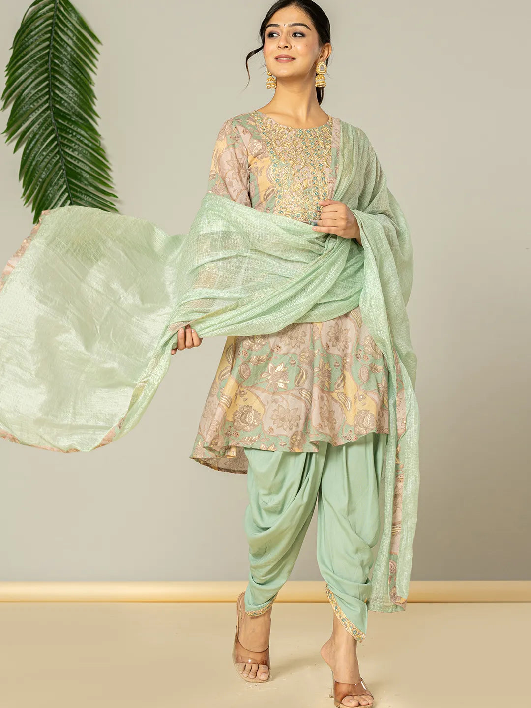 Yufta Green Cotton Embroidery A-Line Kurta Dupatta Set | Grocsy