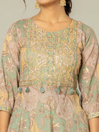 Yufta Green Cotton Embroidery A-Line Kurta Dupatta Set | Grocsy