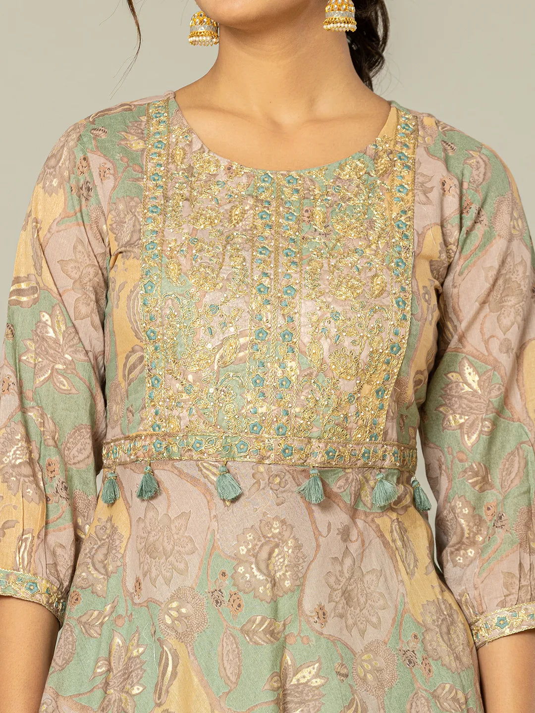 Yufta Green Cotton Embroidery A-Line Kurta Dupatta Set | Grocsy
