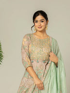 Yufta Green Cotton Embroidery A-Line Kurta Dupatta Set | Grocsy