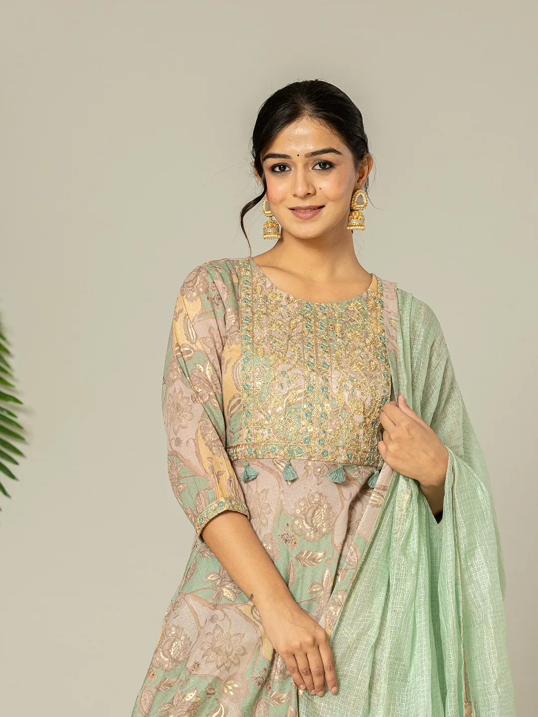 Yufta Green Cotton Embroidery A-Line Kurta Dupatta Set | Grocsy