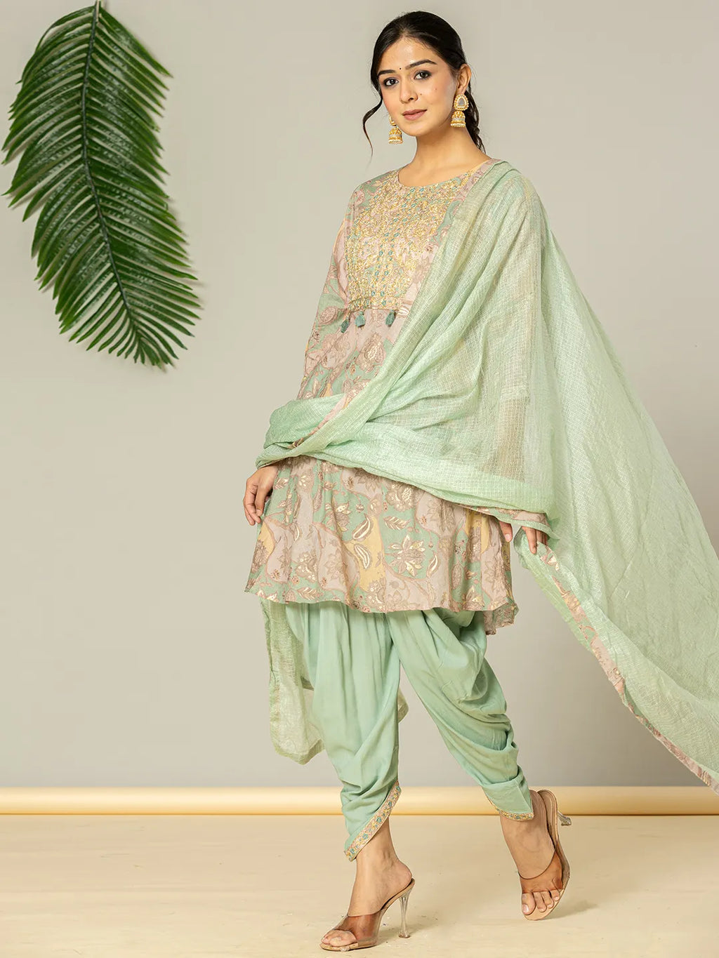 Yufta Green Cotton Embroidery A-Line Kurta Dupatta Set | Grocsy