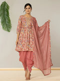 Yufta Pink Cotton Embroidery A-Line Kurta Dupatta Set | Grocsy