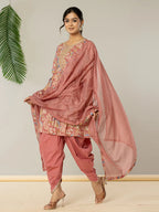 Yufta Pink Cotton Embroidery A-Line Kurta Dupatta Set | Grocsy