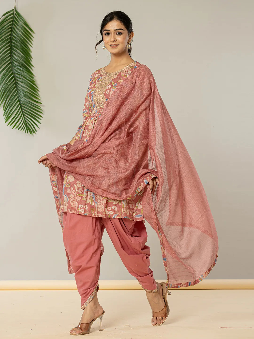 Yufta Pink Cotton Embroidery A-Line Kurta Dupatta Set | Grocsy