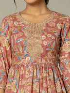Yufta Pink Cotton Embroidery A-Line Kurta Dupatta Set | Grocsy
