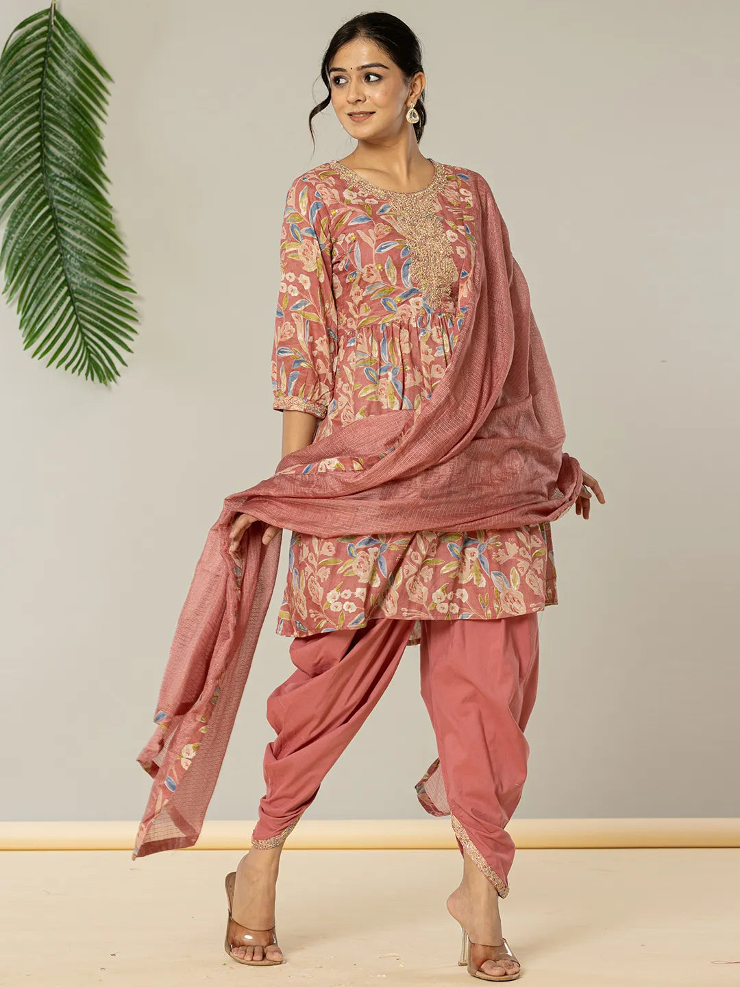 Yufta Pink Cotton Embroidery A-Line Kurta Dupatta Set | Grocsy