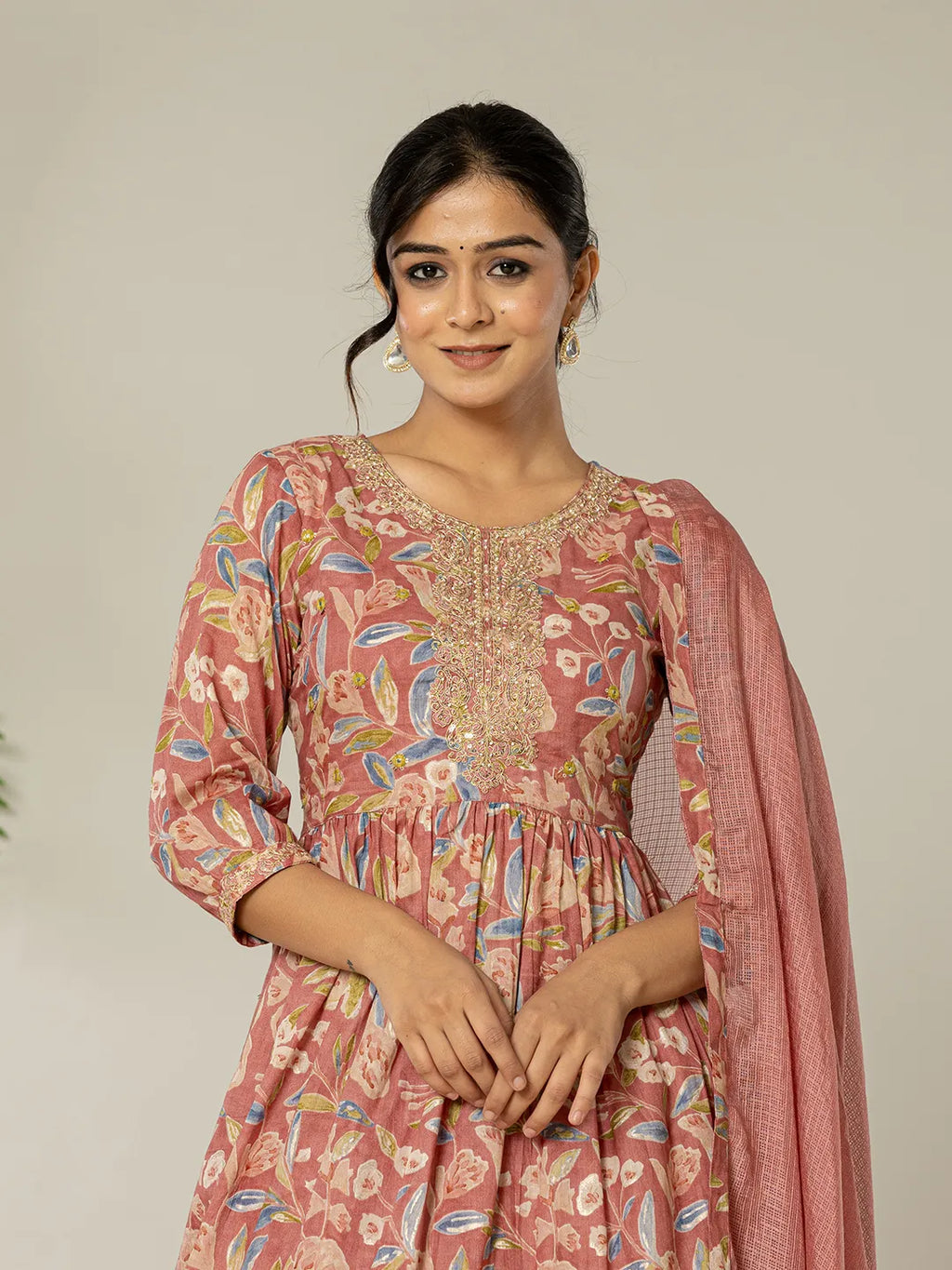 Yufta Pink Cotton Embroidery A-Line Kurta Dupatta Set | Grocsy